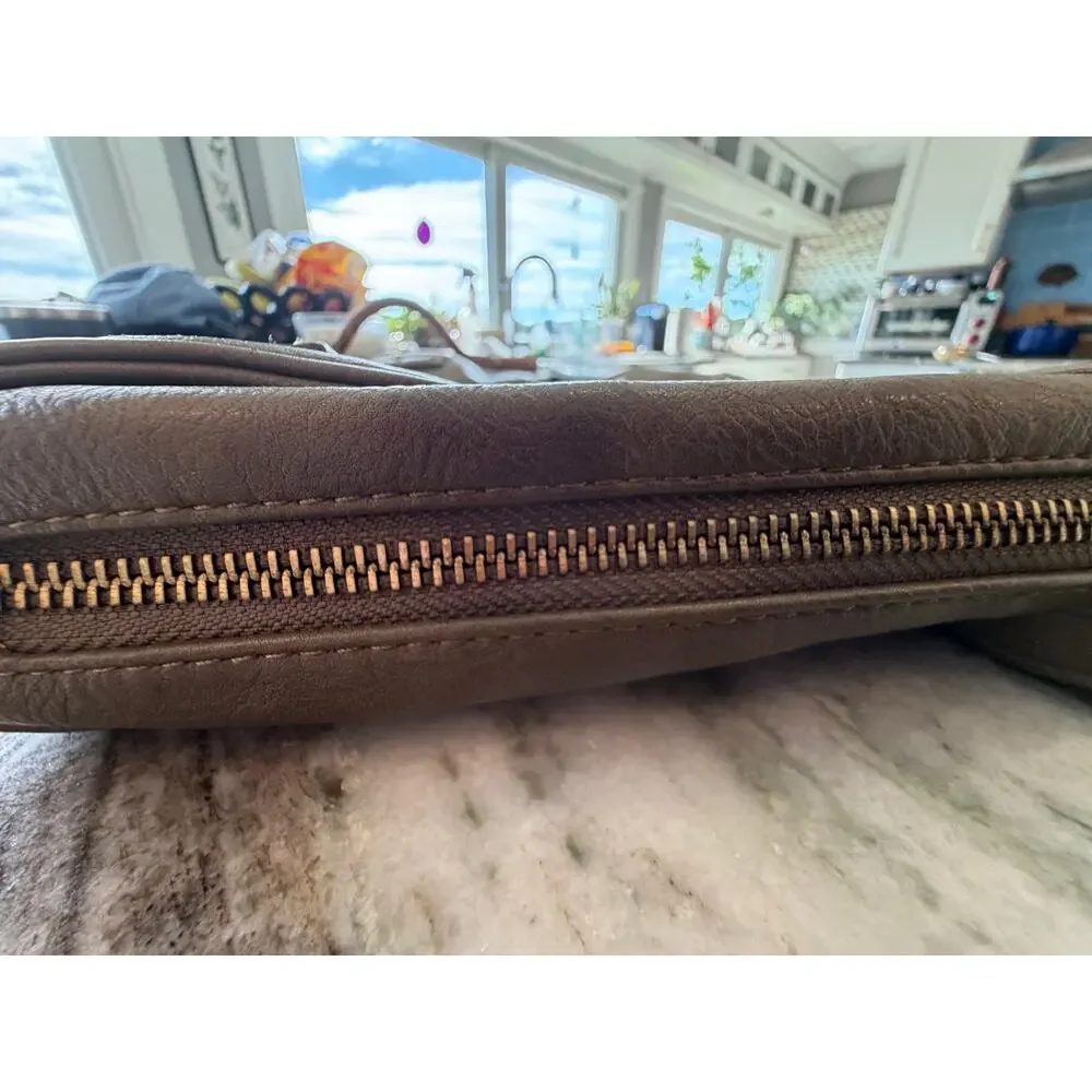 MMS Taupe Metallic Shoulder Bag Large Faux Leather‎ Hobo Purse Gold Hardware